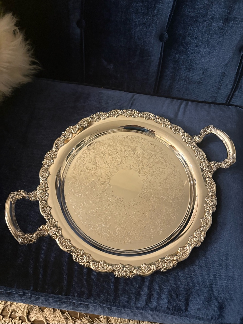 Oneida Silver-Tone Ornate Round Serving Tray with Handles